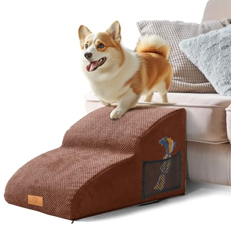 Masthome Scaletta per Cani 2 Gradini Estesa, Rampa Antiscivolo per Cane Letto/Divano, Scala per Cani in Spugna Alta Densità con Fodera Rimovibile e Lavabile, Scale per Cane Piccoli/Medi (Marrone)