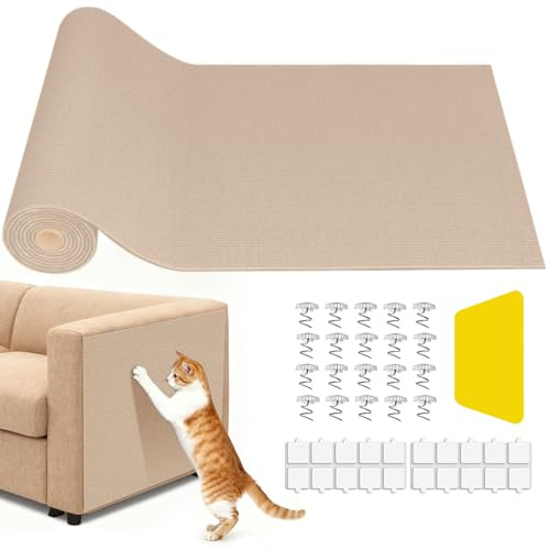 Litrue 40 x 200cm Cat Scratching Mat Self-Adhesive Anti Scratch Furniture Matt for Cats DIY Cuttable Climbing Pad Scratcher Protector for Wall, Sofa, Floor, Chairs, Carpet (Khaki)
