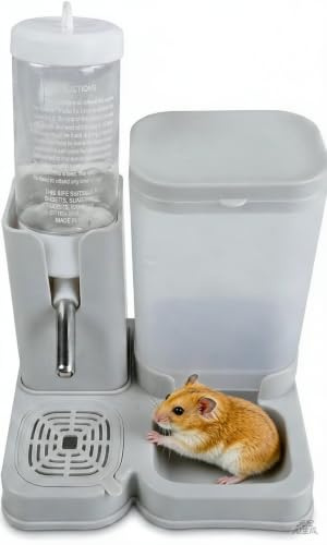 Distributeur 2en1 Nourriture & Eau pour Hamster - Mangeoire pour Hamster 320 ML + Bouteille à Bille 80 ML - Transparent, Facile à Nettoyer - pour Petits Rongeurs (10.6x12.6x17 cm)