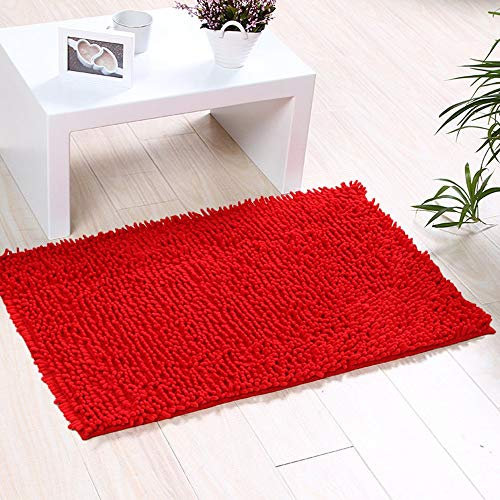 ele ELEOPTION Soft Shag Bath Mat Rug Kitchen Rug Door Way Feet Mat Anti-slip Strip Absorbent Doormat Bathroom Shower Rugs Shaggy Carpet (45 * 70 CM) (Red)