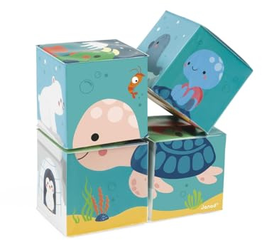 Janod - Cubos de Baño para Bebés 4 Piezas - Juguete de Estímulo - Manipulación A Partir de 10 Meses, J04713
