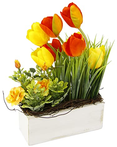 Flair Flower Composizione di tulipani, rose selvatici e erba in vaso in legno di fiori artificiali, tulipani falsificati, decorazione pasquale, decorazione floreale primaverile, da tavolo