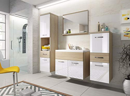PIASKI Set di Mobili da Bagno Alba con Lavabo, Armadio Alto, Armadio Mediano, Specchio con Mensola, Pannello Laminato e Metallo, Mobili Sospesi, Sonoma/Bianco Lucido
