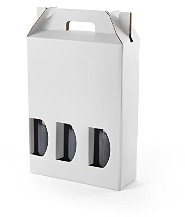 ONLY BOXES Pack 10 cajas estuche de cartón para 3 botellas de vino, cava, champagne o licor color blanco. Modelo automontable de caja con ventana para embalaje botellas muy original, AMA727