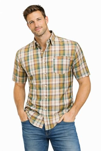 Blu Apparel Men's Checked Shirt Mens Shirts Short Sleeve and Long Sleeve Cotton Casual Shirt for Men (UK, Alpha, S, Regular, Regular, Green/Brown)