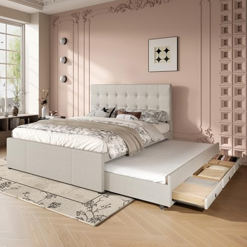 Moimhear Cama tapizada doble, 140 x 200 cm, cama familiar matrimonial con tres cajones, cama extraíble, cabecero ajustable (beige)