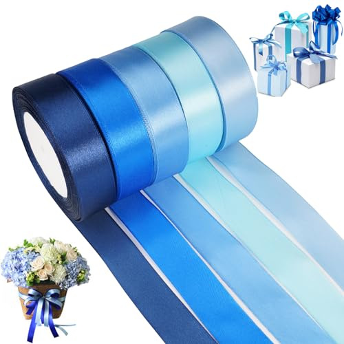 DGN 5 Rotoli Nastro Raso Blu, 25mm x 22m Nastro di Raso Largo, Nastro di Stoffa, Satin Nastro, 5 Colori Nastri per Fai da Te Artigianato, Bomboniere, Decorazioni, Pacchi Regalo, Fiocchi, Matrimoni
