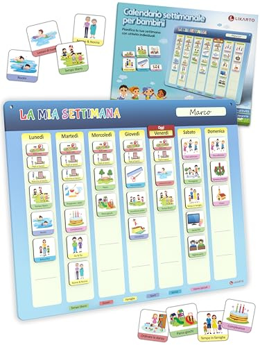 LIKARTO Calendario settimanale per bambini - Lavagna magnetica da parete Montessori con 198 magneti e cordoncino - completamente scrivibile e cancellabile - Promuovere l'indipendenza