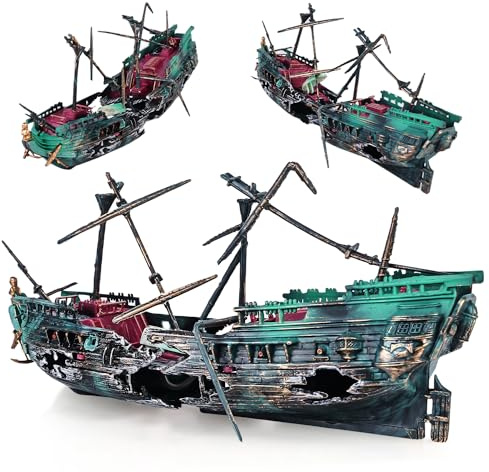 Nizirioo Décoration d'Aquarium - Épave de Bateau Pirate - Pompe à Air Alimentée - Décor d'Action (Vert Foncé)