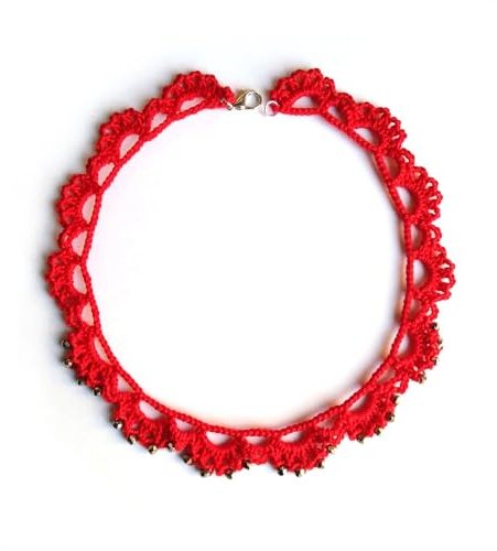 collana da donna, Gioielli all'uncinetto, girocollo di pizzo con cristalli di vetro, rosso e grigio, Made in Italy, Bijoux da donna, Lavorazione Artigianale
