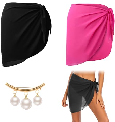 BORISCA 2 Stück Damen Strand Wrap Sarong, Strand Wrap Sarong Vertuschung Chiffon Strandrock Kurz Wickelrock Strand mit 1 Anti-Light-Brosche, Bikini Rock für Strand Urlaub(Schwarz & Rosenrot)