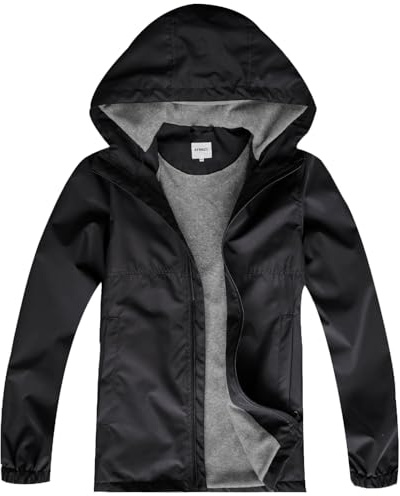 KFRRZC Boys Rain Jackets Waterproof Hooded fleece Raincoats Lightweight Windbreakers for Kids(Black,8-9)