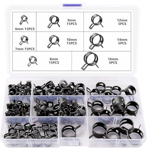 YIXISI 90 Pièces 6/7/8/9/10/12/14/16 mm Clip à Ressort Tuyau Serrage, Colliers de Serrage à Ressort, Clips à Ressort Tuyau Serre-Joints à Tuyaux Colliers de Clip à Ressort, Noir