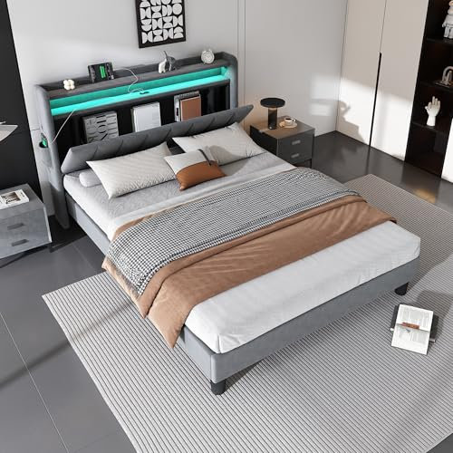 LED Double Bed Frame, 4ft6 Upholstered Platform Bed with 4 USB Ports Outlets, LED Light Strip and Channel Tufted Storage Headboard/Velvet Fabric/Sturdy Wooden Slat Support/No Box Spring Needed, Grey