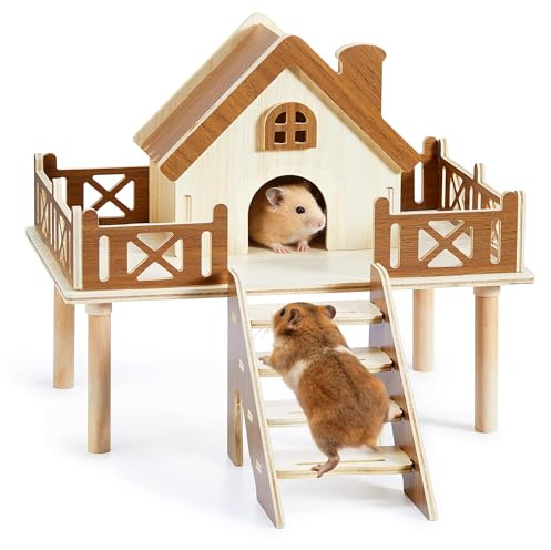 Wooden Hamster Platform and Dwarf Hamster House, Hamster Cage Platform With Climbing Ladder, Cute Syrian Hamster Hideout, Hamster Cage Accessories Platform for Putting Food Bowl, Hamster Gerbil Castle