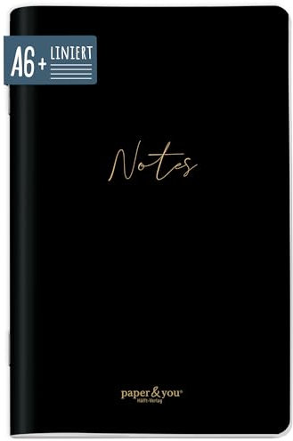 paper&you® Notizheft A6+ liniert Black Edition mit 64 Seiten, Softcover Notizbuch klein, liniertes Mini Journal - nachhaltig & klimafreundlich