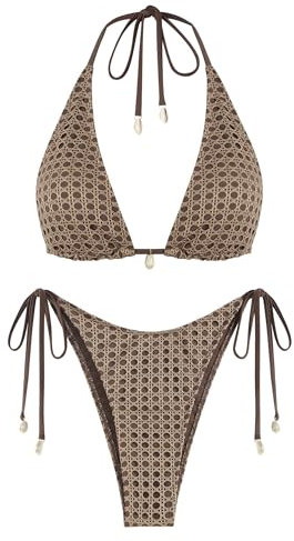 ZAFUL Women's Triangle Bikini Fishnet Tie Side Bandeau Halter Bikini Set
