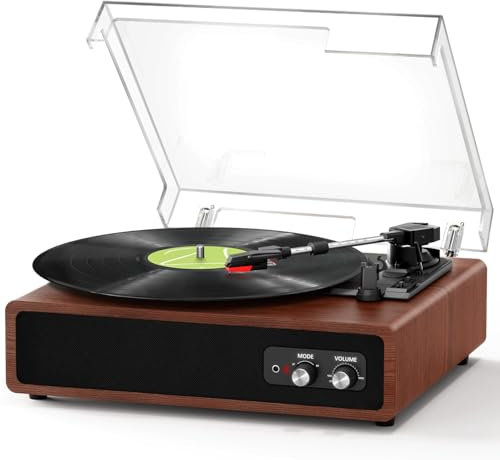 FYDEE Record Player, Dual-Way Bluetooth Vinyl Player Driven by Belt 3 Speed, Vinyl Record Player with Built-In 2 Stereo Speakers, Portable Retro Turntable Supports RCA Output and AUX Input - Mahogany