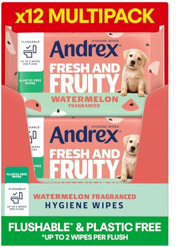 Andrex Fresh and Fruity Hygiene Wipes, 12 Packs, Flushable Toilet Tissue Wet Wipes with Watermelon Fragrance-Biodegradable and Plastic-Free - Use with Regular Toilet Roll for a Shower Fresh Clean