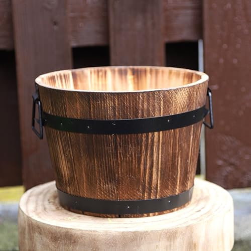 Fyne-Finds Round Wooden Whiskey Barrel Planter 24cm, 9inch Garden Pot with Metal Handles Band Outdoor Tub Weatherproof DrainageHoles (1)