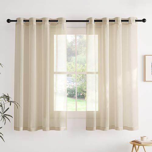 PONY DANCE Cortinas Cortas para Ventanas, Visillos Translucidas Efecto Lino con Ojales para Salon/Cocina 2 Piezas, 140x160cm, Caqui