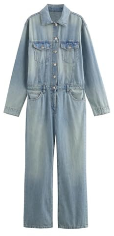 Vintage Denim Jumpsuit för Kvinnor Långärmad Knäppning Uppåtvänd Krage Casual Hellängd Jeansoveraller,Light blue,L
