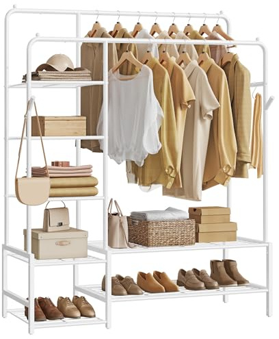 SONGMICS Stand Appendiabiti, Guardaroba Aperto, 7 Ripiani Portaoggetti, Struttura in Metallo, Barre Appendiabiti, Camera da Letto, Soggiorno, Ingresso, Bianco HSR182WG01
