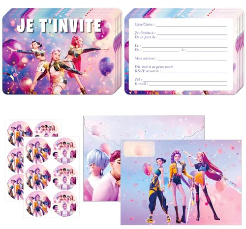 DaengGeGe Français Cartes d'invitation d'anniversaire - Lot de 12 cartes d'invitation d'anniversaire pour enfants - Motifs amusants et colorés avec enveloppes et autocollants（d
