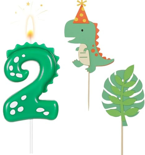 Velas Cumpleaños 2 Años Dinosaurio, Vela Número 2 con 2 Piezas Cake Topper Dinosaurios, Decoración Tarta Cumpleaños Original para Niños Niñas y Adultos, Suministros para Celebración de Cumpleaños