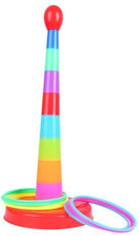 TOGEVAL Jeu de Lancer D'anneaux Colorés 18 Pièces 8 Anneaux, 9 Piliers et Socle, Plastique Robuste, Jeu Éducatif Parent-garçon et Filles Intérieur Extérieur pour Couleur Couleur Aléatoire