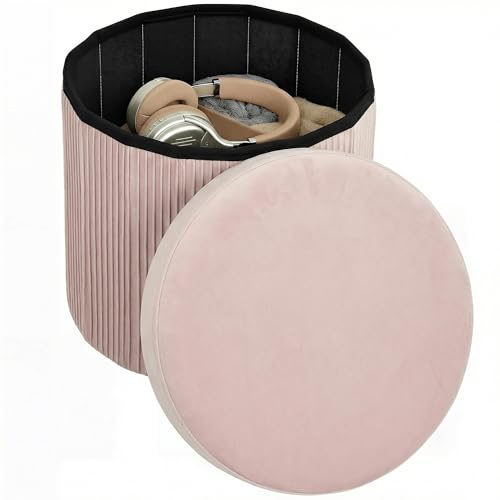 HOMCOM Puff contenitore, panca contenitore pieghevole, 35 L, 38x38x38 cm, rivestimento in velluto, baule contenitore rotondo, carico 120 kg, sgabello per soggiorno, camera da letto, ingresso, rosa