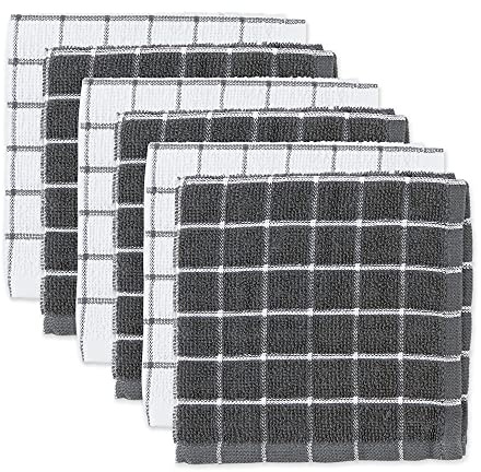 DII Basic Terry Collection Windowpane Dishcloth Set, 12x12, Gray, 6 Piece