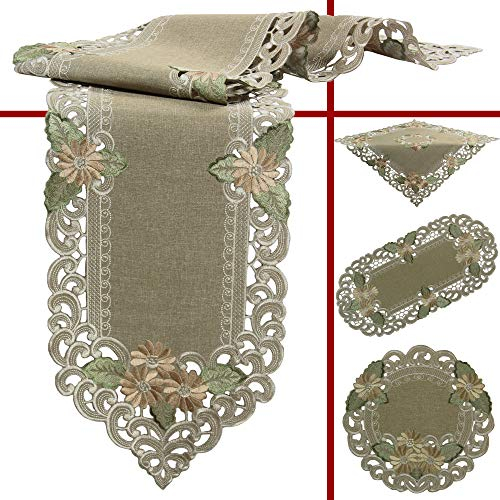 Quinnyshop Tischaufleger Tisch-Deckchen Leinen-Optik Blumen Stickerei ca. 40 cm Rund Polyester, Grün-Beige
