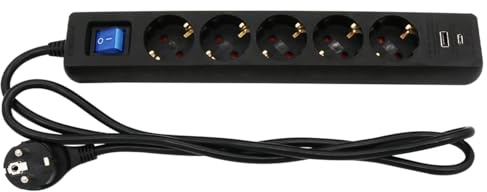 ARLI 5m Steckdosenleiste 5 Fach schwarz mit USB Ladebuchsen USB-A USB-C Schalter Mehrfachstecker Kinderschutz Überspannschutz flachem Winkelstecker Schutzkontakte 5-Fach Mehrfachsteckdose Steckdose