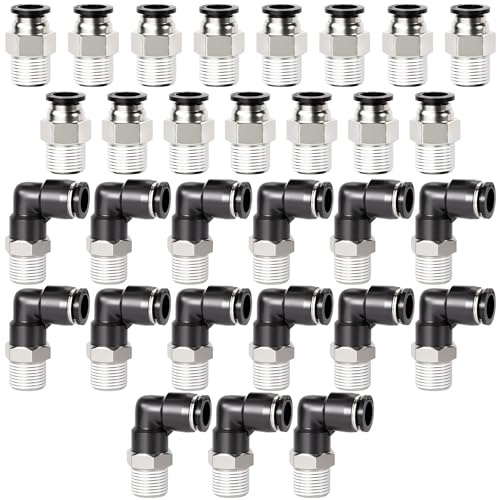 TAILONZ PNEUMATIC Elbow and Straight Combination 1/4 Inch Tube OD x 1/4 Inch NPT Thread Push to Connect Fittings PC-1/4-N2+PL-1/4-N2(Pack of 30)