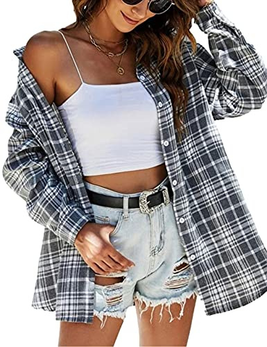 Zontroldy Plaid Flannel Shirts for Women Oversized Long Sleeve Button Down Buffalo Plaid Shirt Blouse Tops (0228-LightGray-XXL)