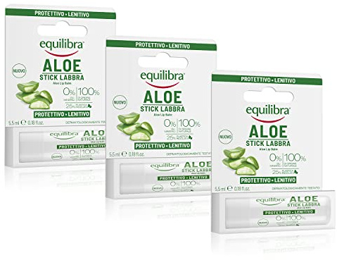 Equilibra Viso, Aloe Stick Labbra, Stick Labbra a Base di Aloe Vera, Idratante Labbra che Crea un Velo Protettivo Contro Gelo, Disidratazione, Sole e Vento in Ogni Stagione, 3 Pezzi da 5,5 ml