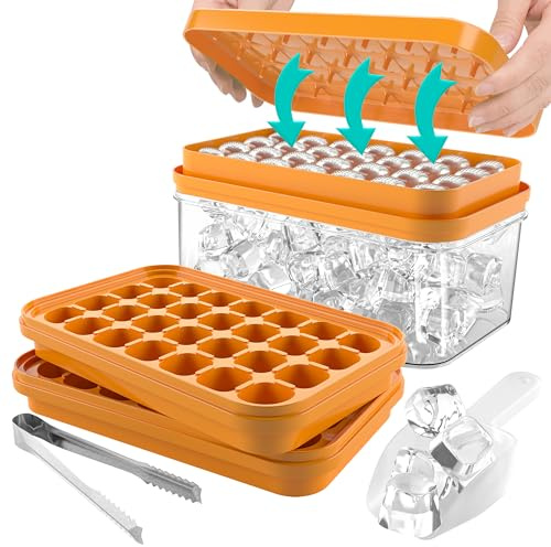 Vrent Stampo Ghiaccio con Coperchio e Contenitore, Vassoio per Cubetti di Ghiaccio Senza BPA a Doppio Strato con Pala, Silicone Facile Rilasciare 56 Pezzi Cubetti di Ghiaccio per Bevande (Arancione)