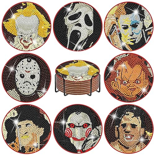 Lukinuo 8 st diamant målning underlägg kit med hållare kork bas gör-det-själv halloween underlägg diamant konst full borr strass målning kit för nybörjare vuxna barn halloween tillbehör
