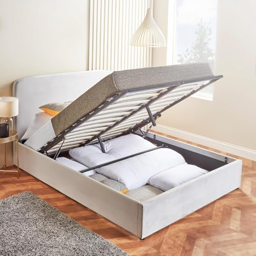 Home Treats Single Ottoman Bed Frame With Storage | 3ft Upholstered Velvet Lift Up Bed (No Mattress, King Size)