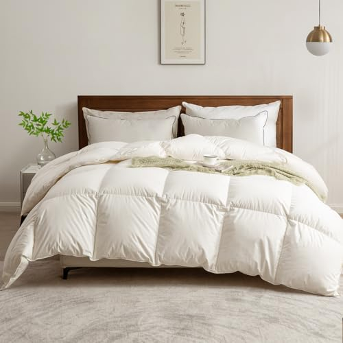 BPC Couette en Plumes d'oie et Duvet 135x200 cm, Couettes pour Hotel de Luxe Naturelle 4 Saisons, 100% Coton Biologique, Certifiée Oeko-Tex et RDS, Couette 1 Personne Blanc, Fluffy Medium Down Duvet