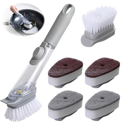 Spülbürste mit Spülmittelspender Multifunktionale Geschirrbürste SchwammbüRste mit 6 Ersat Bürsten Köpfe Reinigungsbürste Abwaschbürste mit 26CM Stiel für Geschirr Töpfe Spülbecken Reinigung