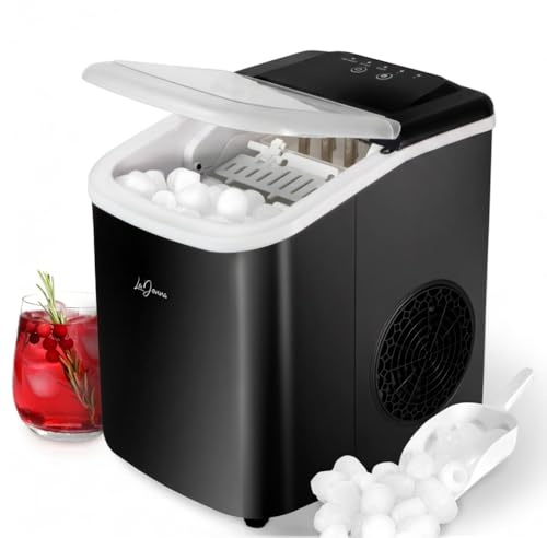 LaDonna Ice Maker Machine, Compact Countertop Cube Appliance, Fast Production, 9 Cubes in 6 Minutes, 8–10kg/24h Dual Sizes, Self-Cleaning Design, Portable for Home Kitchen Office Use - Black
