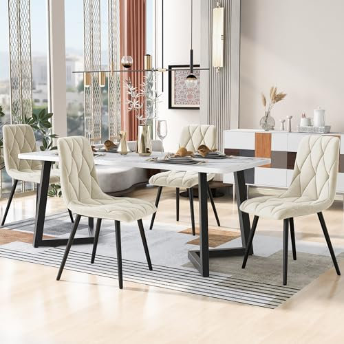 BXEYXE Matgrupp, (set 117 × 68 cm matbord med 4 stolar), rektangulärt matbord modernt köksbordsset, matstol beige twill sammet köksstol, svarta bordsben