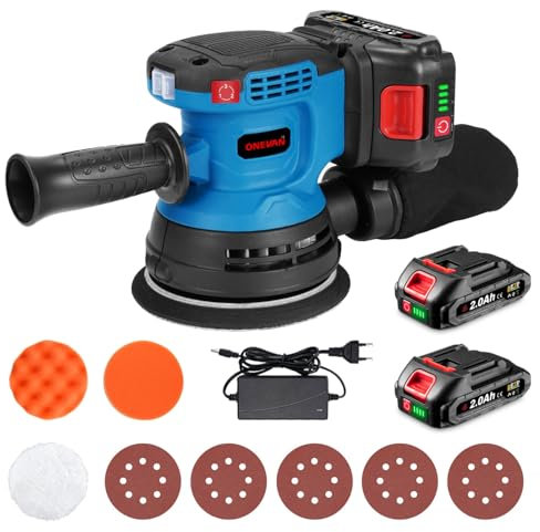 ONEVAN lijadora bateria 125mm, lijadora orbital electrica sin escobillas con 2 baterías 2,0Ah, 3 velocidades, lijadora inalámbrica incluye bolsa para polvo, 5 hojas de lijado, 3 almohadillas de pulido