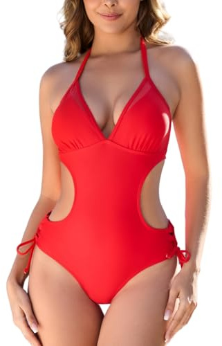 LXheysea Women's Halter Cutout One Piece Swimsuit Mesh Monokini Bathing Suit, Red, Medium
