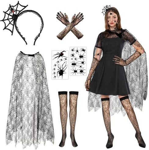6 st halloween spindelnät kostym kvinnor, spindelnät cape pannband gotiska spetshandskar tatueringar strumpor, halloween kostym kvinnor flickor för bus eller godis fest karneval cosplay maskerad