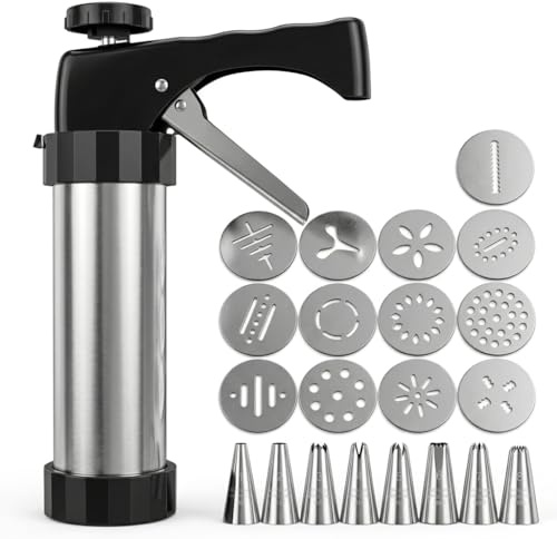 Loukaii Spritz Cookie Press Gun Kit，21-piece Stainless Steel Biscuit Maker with 13 Decorating Discs & 8 Piping Tips, Durable Butter Cookie Shooter for DIY Biscuits, Mother's Gift