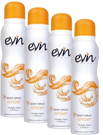 EVIN FEMME | Deodorante Donna Spray Amber, Fragranza Vaniglia Nera e Ambra, Formula Attiva per 24h, 150ml (Confezione da 4)
