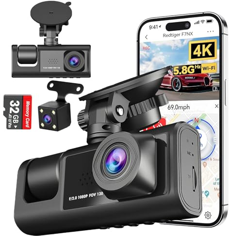 KEPEAK 4K Dash Cam Front and Rear 1080P 3-Channel Front Inside Rear Dashcam Camera with 32GB SD Card, 170° Wide Angle, Night Vision, 24h Parking Mode, Loop Recording, G-Sensor, Parking Monitor, WDR